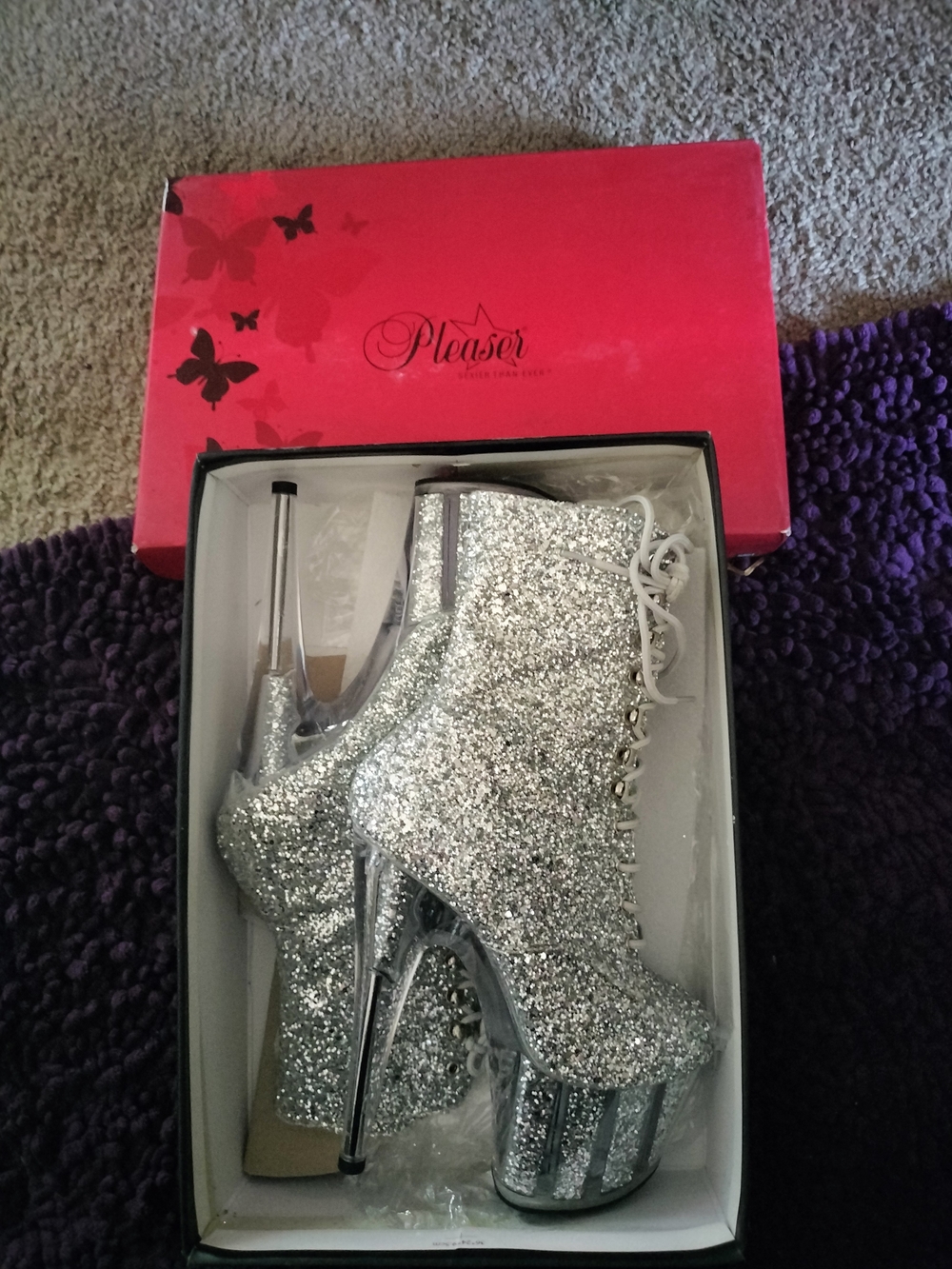Pleaser Silver Glitter Lace-Up Platform Booties with Clear Stiletto